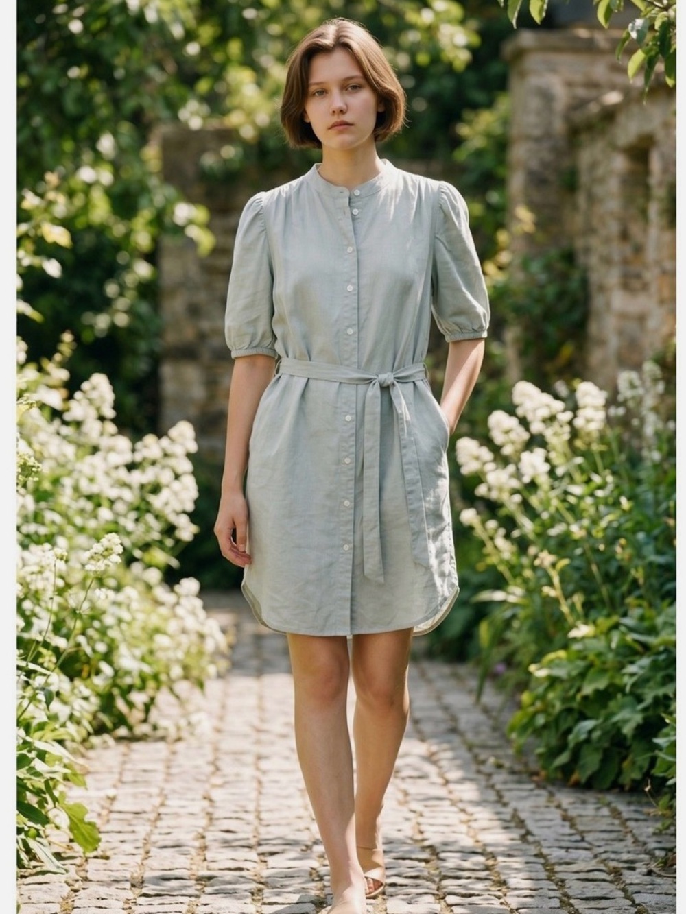 GAP Light Sage Button-Front Mini Dress with Tie Belt